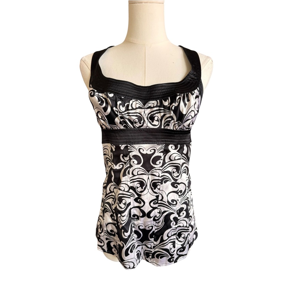 Bebe Black White Scroll Print Silk Blend Corset Top Sleeveless Blouse